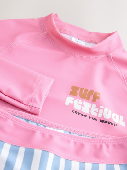 Pink/Blue Surf Graphic Long Sleeve Sunsafe Rash Vest And Shorts Set (3-16yrs)