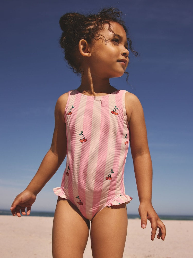 Pink Cherry Stripe Frill Leg Swimsuit (3mths-7yrs) - Size 3-6 Months (62-68cm) - Pink Cherry Stripe