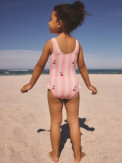 Pink Cherry Stripe Frill Leg Swimsuit (3mths-7yrs) - Size 3-6 Months (62-68cm)