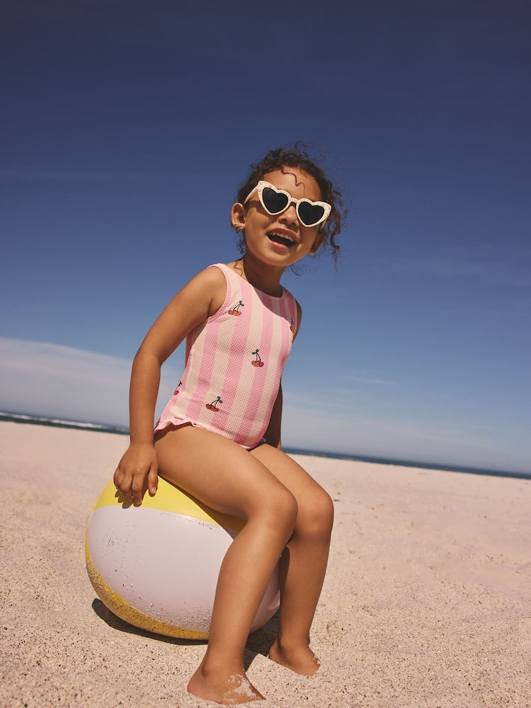 Pink Cherry Stripe Frill Leg Swimsuit (3mths-7yrs) - Size 3-6 Months (62-68cm)