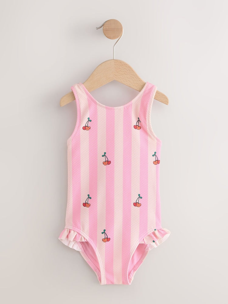 Pink Cherry Stripe Frill Leg Swimsuit (3mths-7yrs) - Size 3-6 Months (62-68cm)