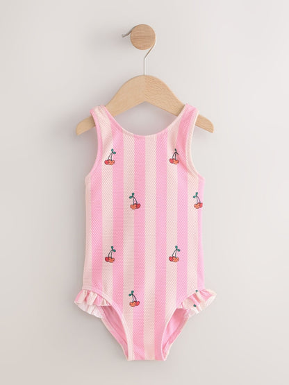 Pink Cherry Stripe Frill Leg Swimsuit (3mths-7yrs) - Size 3-6 Months (62-68cm)
