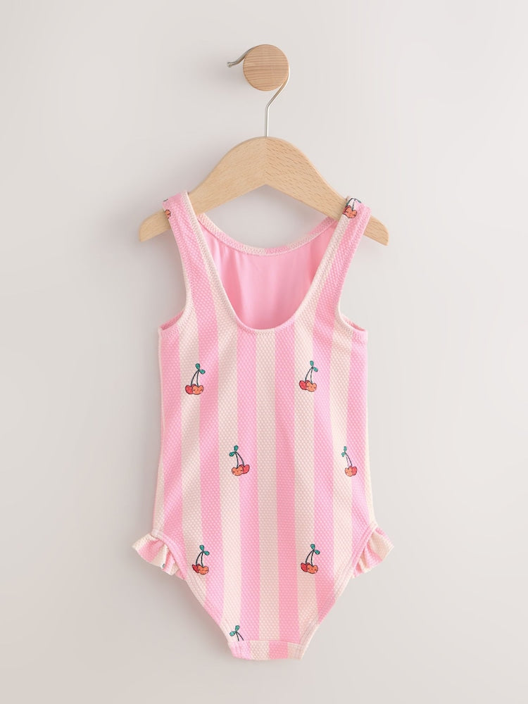 Pink Cherry Stripe Frill Leg Swimsuit (3mths-7yrs) - Size 3-6 Months (62-68cm)