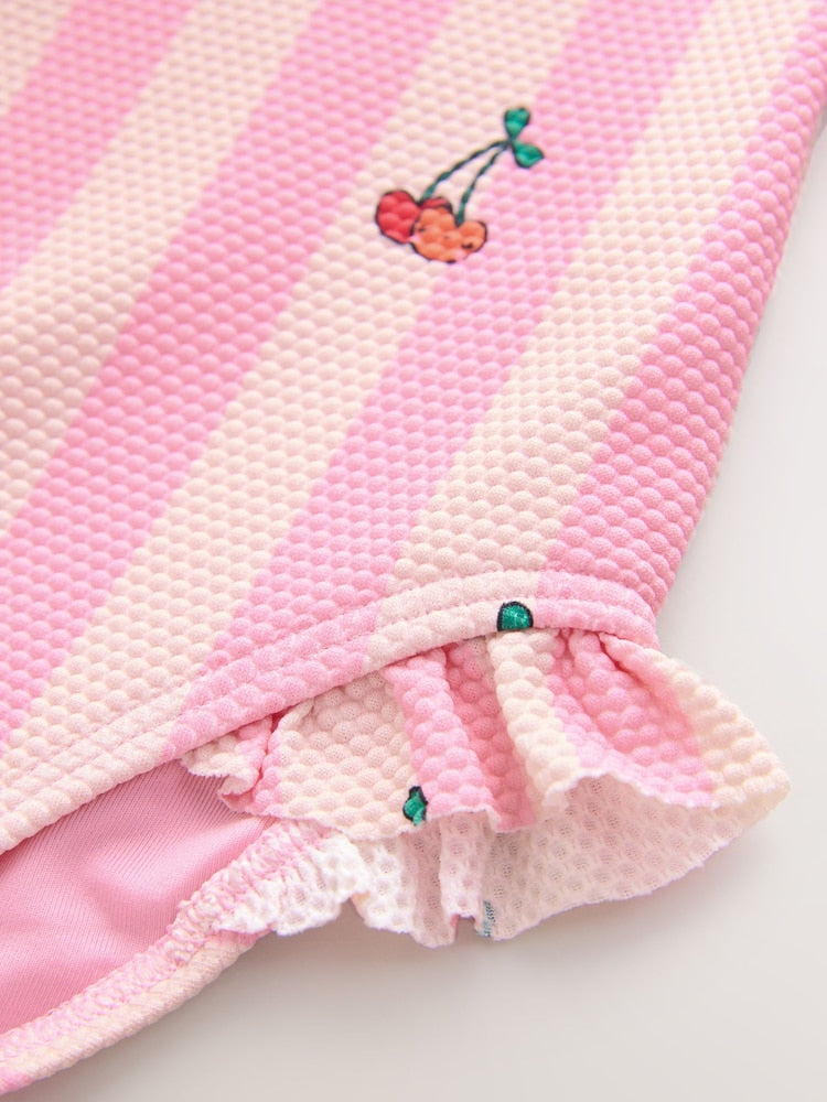 Pink Cherry Stripe Frill Leg Swimsuit (3mths-7yrs) - Size 3-6 Months (62-68cm)