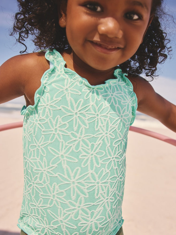 Mint Green Floral Texture Lettuce Edge Swimsuit (3mths-7yrs) - Size 3-6 Months (62-68cm) - Mint Green Floral Texture
