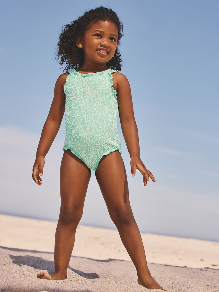 Mint Green Floral Texture Lettuce Edge Swimsuit (3mths-7yrs) - Size 3-6 Months (62-68cm)