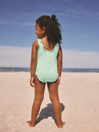 Mint Green Floral Texture Lettuce Edge Swimsuit (3mths-7yrs) - Size 3-6 Months (62-68cm)