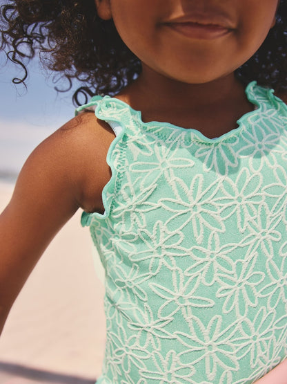 Mint Green Floral Texture Lettuce Edge Swimsuit (3mths-7yrs) - Size 3-6 Months (62-68cm)