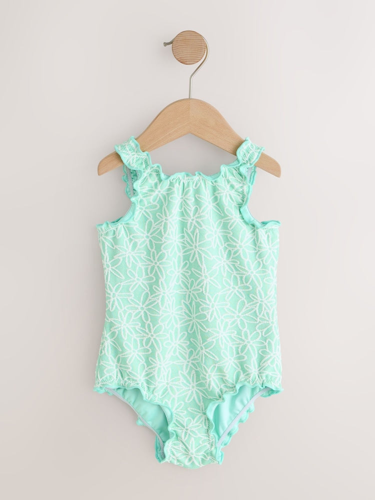 Mint Green Floral Texture Lettuce Edge Swimsuit (3mths-7yrs) - Size 3-6 Months (62-68cm)