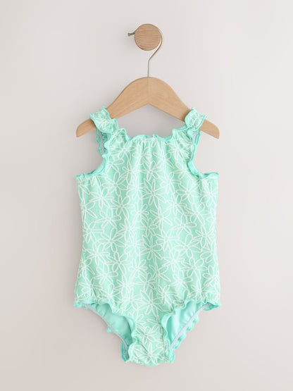 Mint Green Floral Texture Lettuce Edge Swimsuit (3mths-7yrs) - Size 3-6 Months (62-68cm)