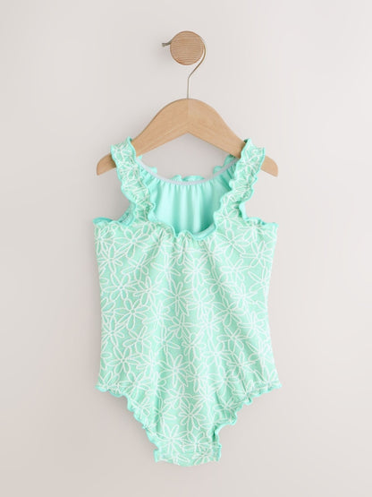 Mint Green Floral Texture Lettuce Edge Swimsuit (3mths-7yrs) - Size 3-6 Months (62-68cm)