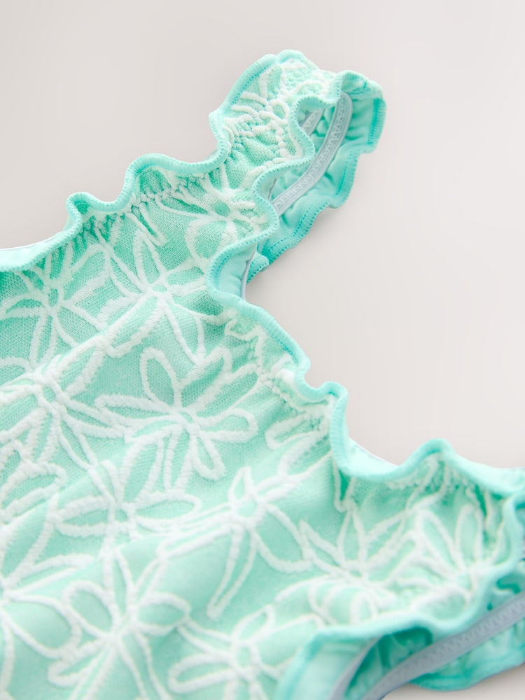 Mint Green Floral Texture Lettuce Edge Swimsuit (3mths-7yrs) - Size 3-6 Months (62-68cm)