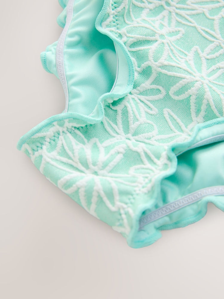 Mint Green Floral Texture Lettuce Edge Swimsuit (3mths-7yrs) - Size 3-6 Months (62-68cm)