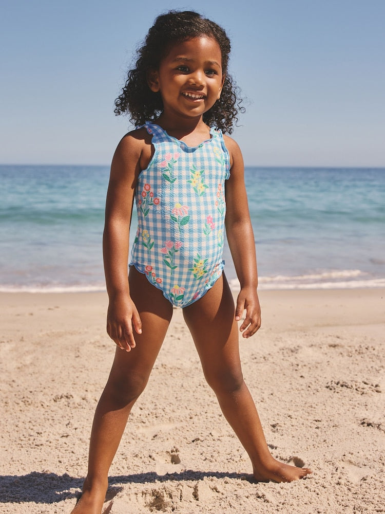 Blue Floral Gingham Lettuce Edge Swimsuit (3mths-7yrs)