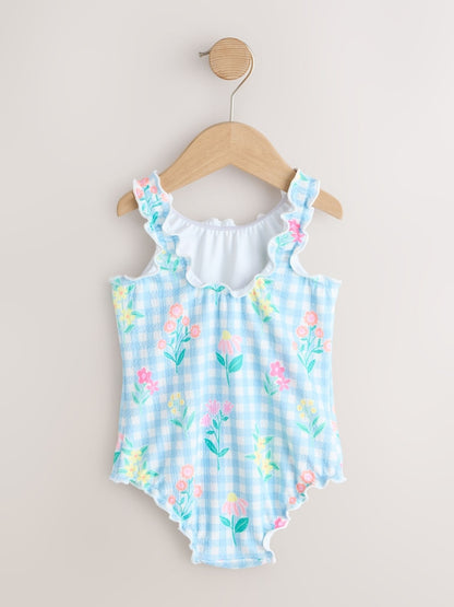 Blue Floral Gingham Lettuce Edge Swimsuit (3mths-7yrs)