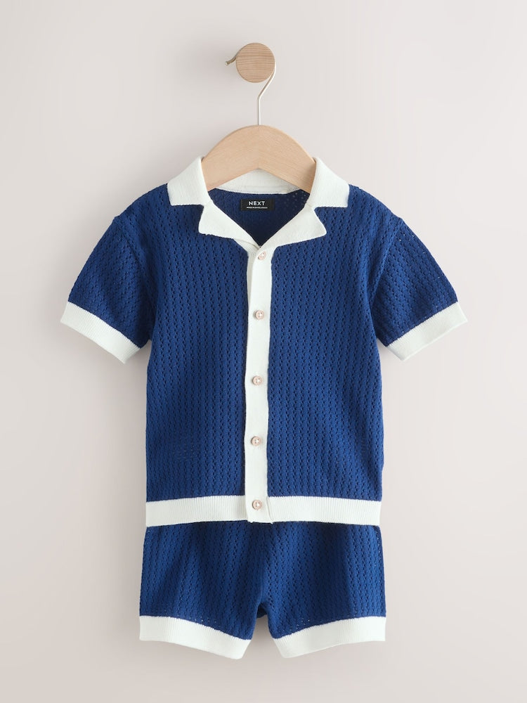 Navy Blue Knitted Polo Shirt and Shorts Set (3mths-10yrs) - Navy Blue Knitted Polo / 12-18 Months (80-86cm)