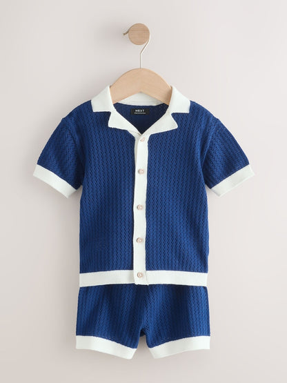 Navy Blue Knitted Polo Shirt and Shorts Set (3mths-10yrs) - Navy Blue Knitted Polo / 12-18 Months (80-86cm)