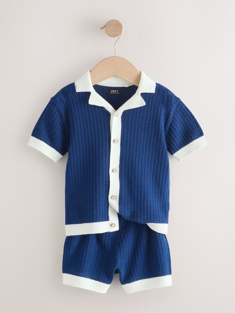 Navy Blue Knitted Polo Shirt and Shorts Set (3mths-10yrs)