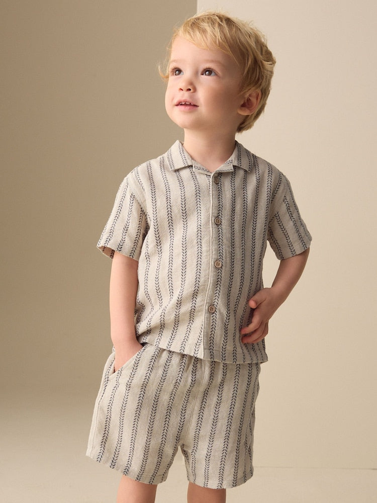 Ecru Short Sleeve Textured Stripe Shirt and Shorts Set (3mths-10yrs) - Ecru / 12-18 Months (80-86cm)
