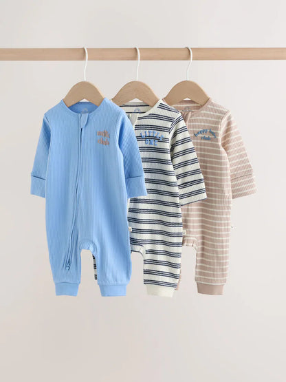 Blue Stripe Two Way Zip Baby Sleepsuits 3 Pack (0mths-3yrs)