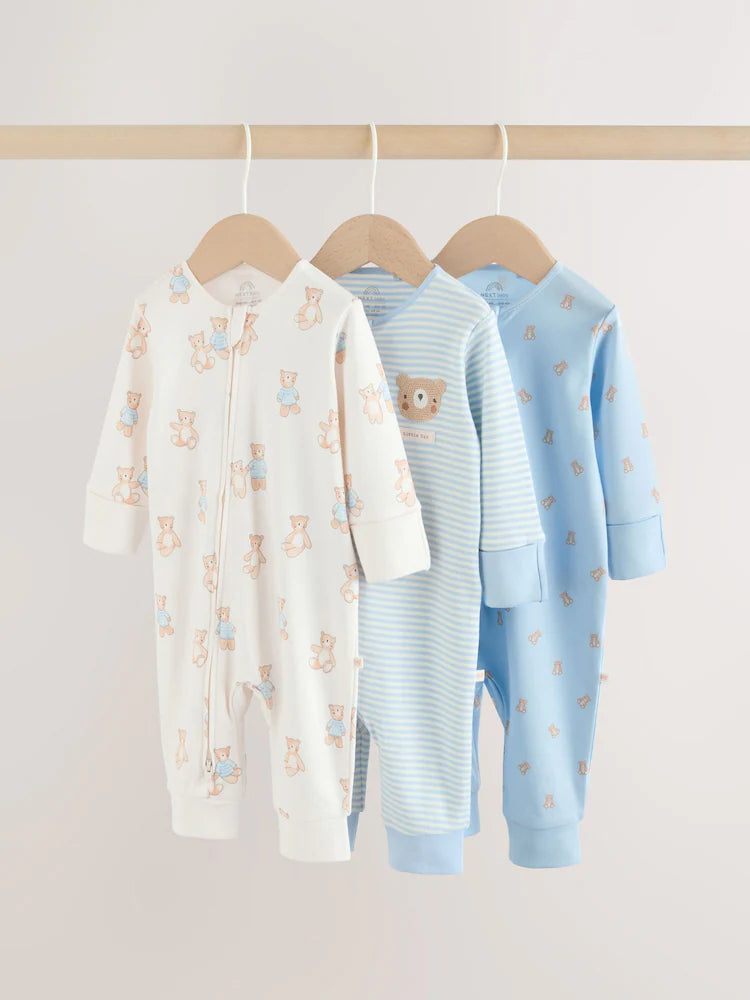 Blue Bear Way Zip Baby Sleepsuits 3 Pack (0mths-3yrs)