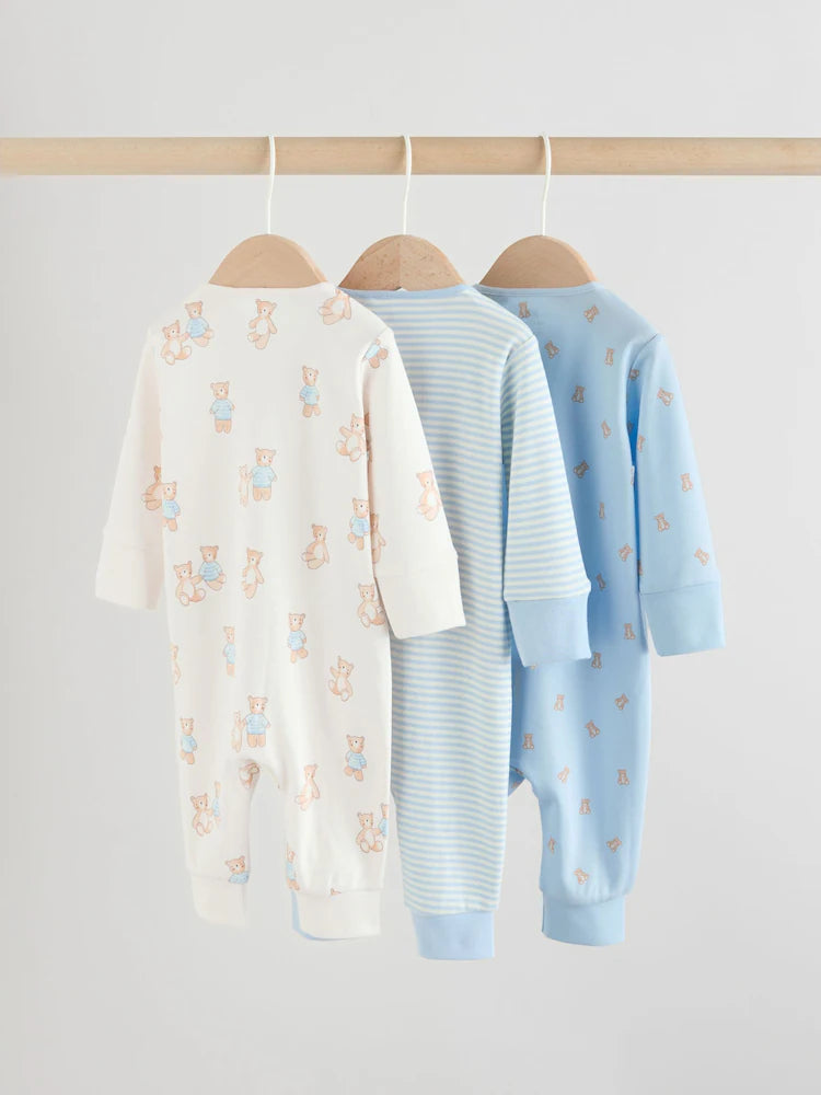 Blue Bear Way Zip Baby Sleepsuits 3 Pack (0mths-3yrs)