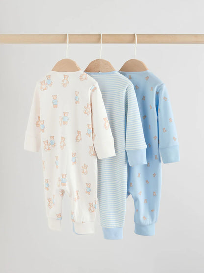 Blue Bear Way Zip Baby Sleepsuits 3 Pack (0mths-3yrs)
