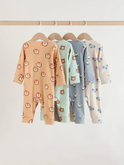 Multi Safari Animal Baby Sleepsuits 4 Pack (0mths-3yrs)