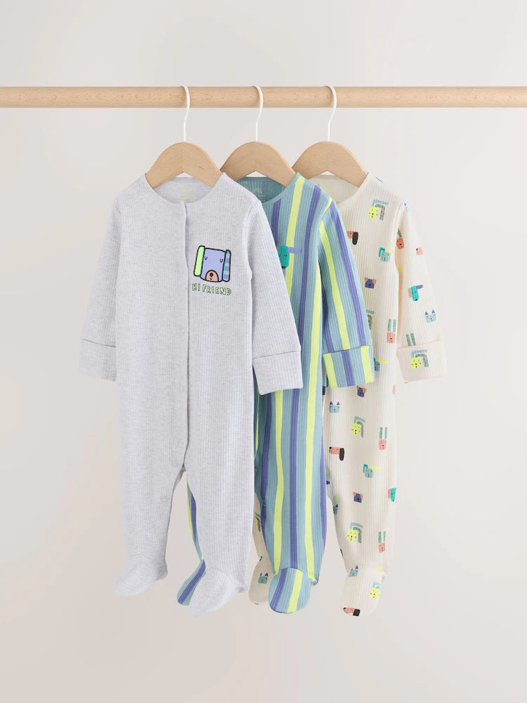 Blue Dog Two Way Zip Baby Sleepsuits 3 Pack (0mths-2yrs)