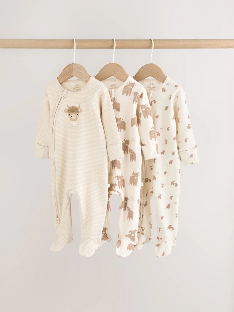 Neutral Hamish Two Way Zip Baby Sleepsuits 3 Pack (0-2yrs)