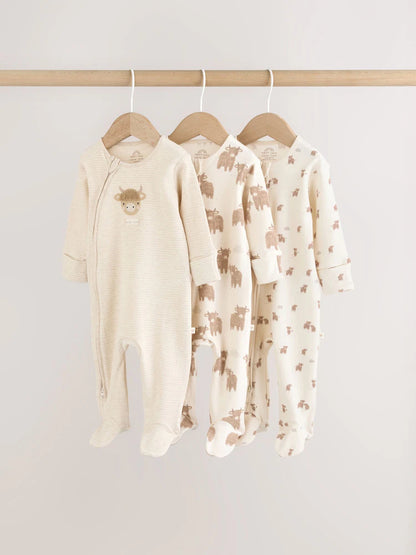 Neutral Hamish Two Way Zip Baby Sleepsuits 3 Pack (0-2yrs)