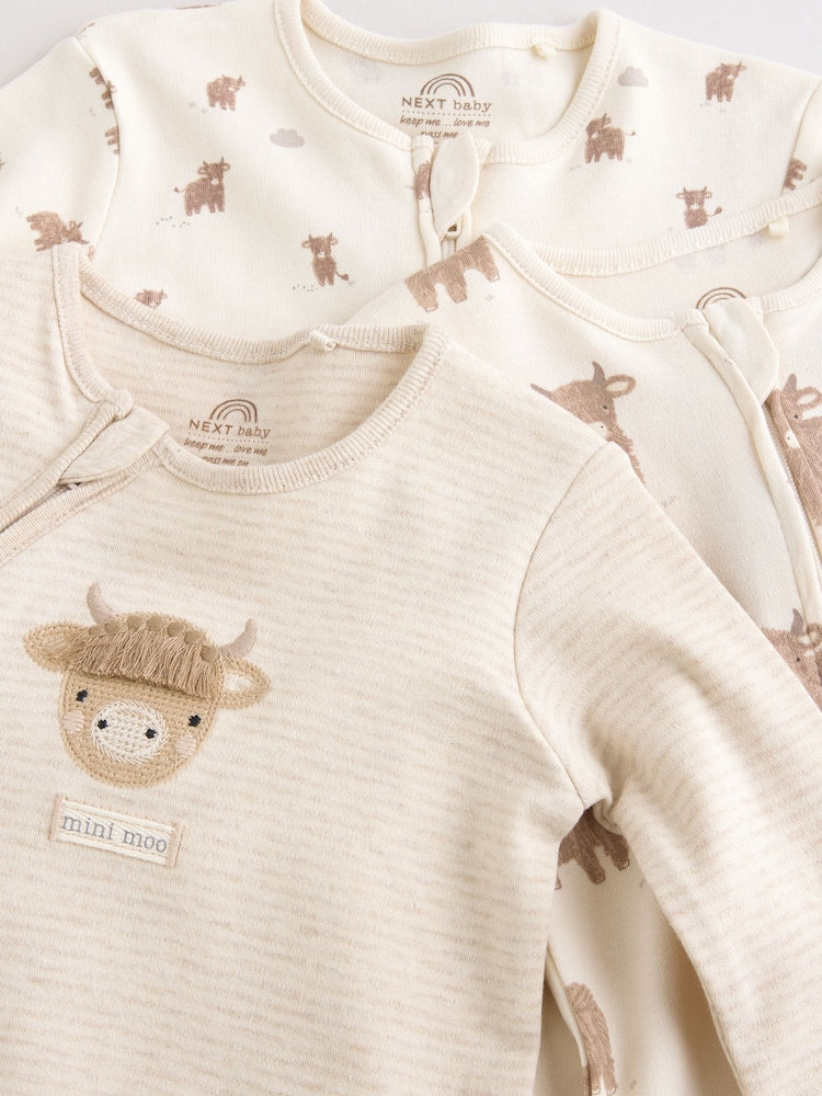 Neutral Hamish Two Way Zip Baby Sleepsuits 3 Pack (0-2yrs)