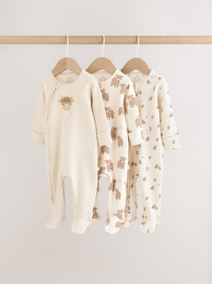 Neutral Hamish Two Way Zip Baby Sleepsuits 3 Pack (0-2yrs)