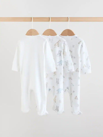 White Safari Baby Sleepsuits 3 Pack (0-2yrs)