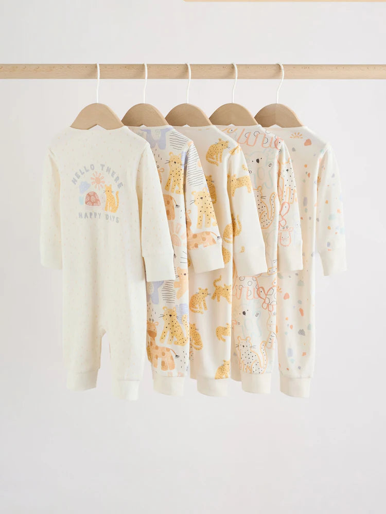 Cream Safari Two Way Zip Baby Sleepsuits 5 Pack (0mths-3yrs)