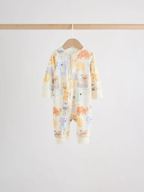 Cream Safari Two Way Zip Baby Sleepsuits 5 Pack (0mths-3yrs)