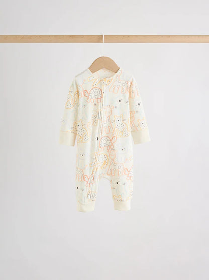 Cream Safari Two Way Zip Baby Sleepsuits 5 Pack (0mths-3yrs)