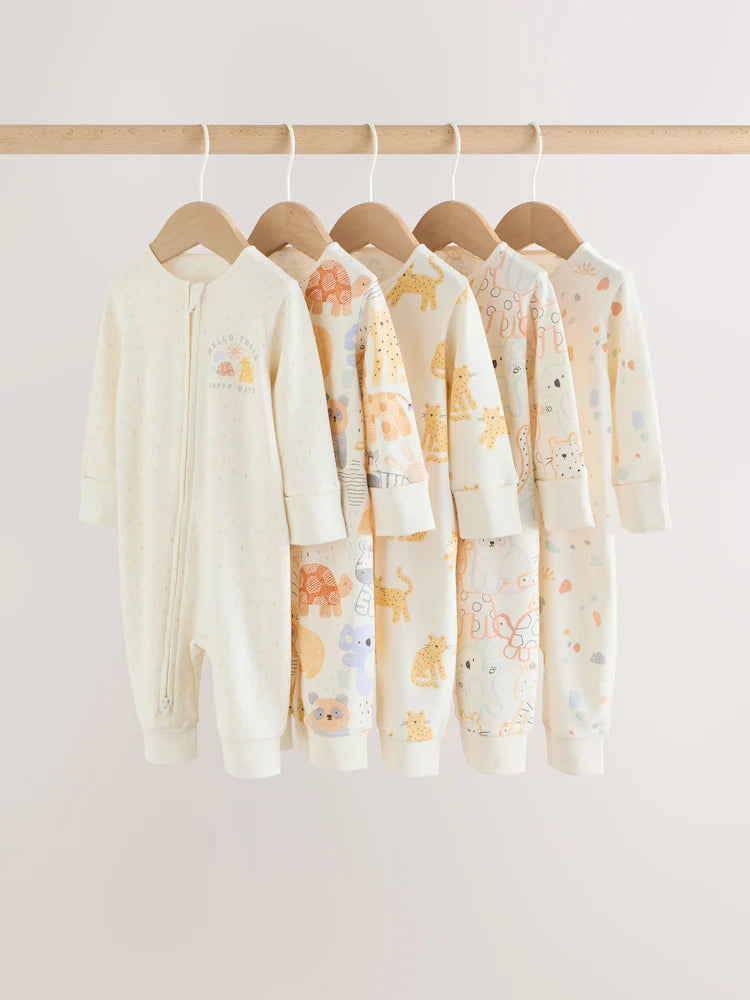 Cream Safari Two Way Zip Baby Sleepsuits 5 Pack (0mths-3yrs)