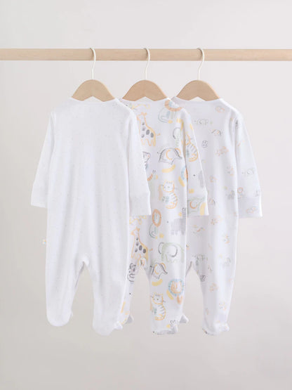 White Safari Baby Sleepsuits 3 Pack