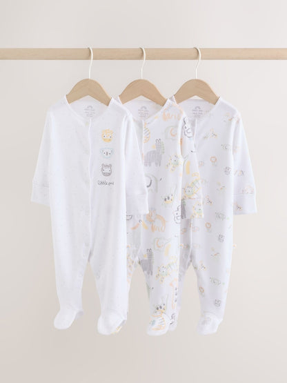 White Safari Baby Sleepsuits 3 Pack