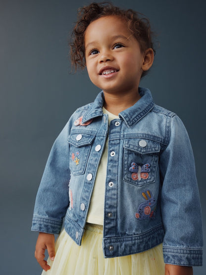 Mid Blue Denim Unicorn Embroidered Western Jacket (3mths-7yrs)
