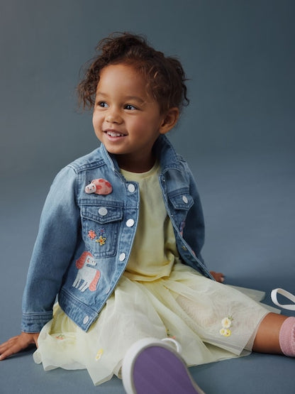 Mid Blue Denim Unicorn Embroidered Western Jacket (3mths-7yrs) - Size 3-6 Months (62-68cm)