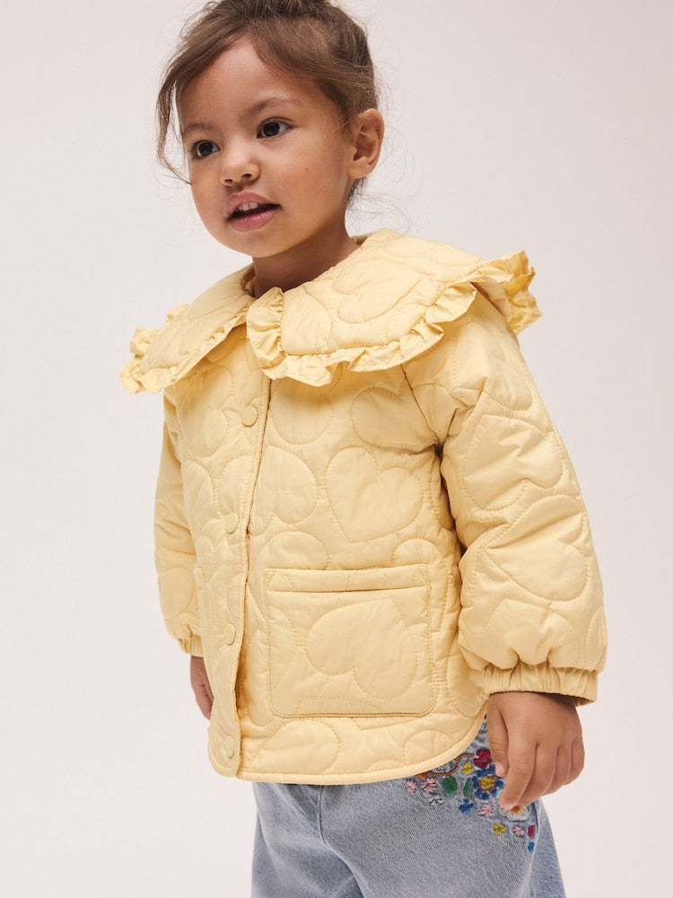 Lemon Yellow Shower Resistant Frill Collar Quilted Jacket (3mths-7yrs) - Lemon Yellow / 12 - 18 Months (80 - 86cm)