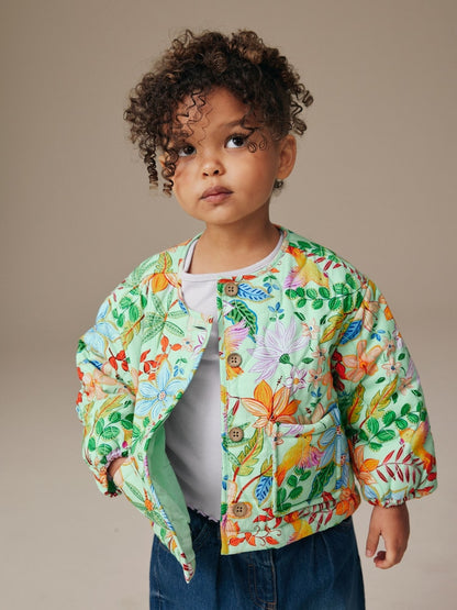 Green Floral Printed Quilted Jacket (3mths-7yrs) - Size 3-6 Months (62-68cm) - Green Floral