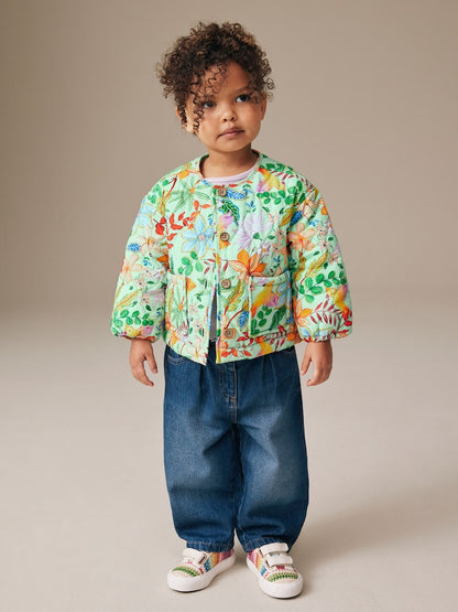 Green Floral Printed Quilted Jacket (3mths-7yrs) - Size 3-6 Months (62-68cm)