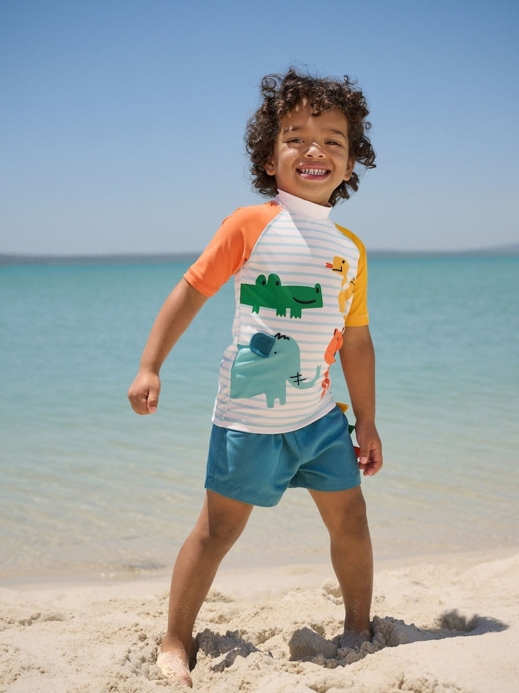 White/Red/Yellow Short Sleeve Sunsafe Rash Vest and Swim Shorts Set (3mths-7yrs) - Size 3-6 Months (62-68cm) - White/Red/Yellow