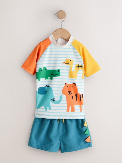 White/Red/Yellow Short Sleeve Sunsafe Rash Vest and Swim Shorts Set (3mths-7yrs) - Size 3-6 Months (62-68cm)