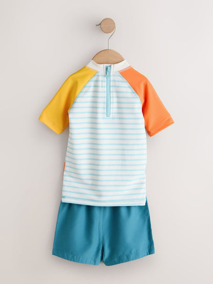 White/Red/Yellow Short Sleeve Sunsafe Rash Vest and Swim Shorts Set (3mths-7yrs) - Size 3-6 Months (62-68cm)