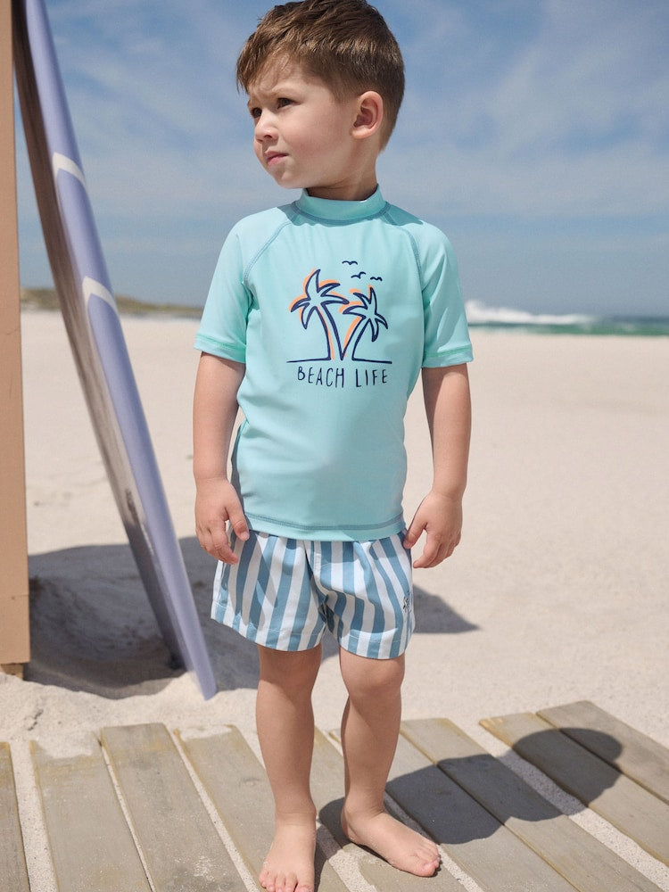 Blue Short Sleeve Sunsafe Rash Vest and Swim Shorts Set (3mths-7yrs) - Size 3-6 Months (62-68cm) - Blue