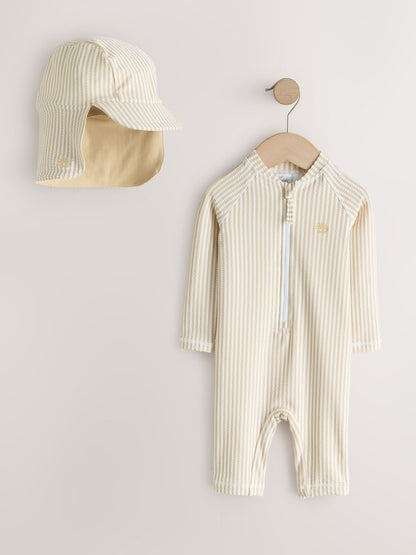 Neutral Striped Sunsafe Swimsuit and Hat Set (3mths-7yrs)